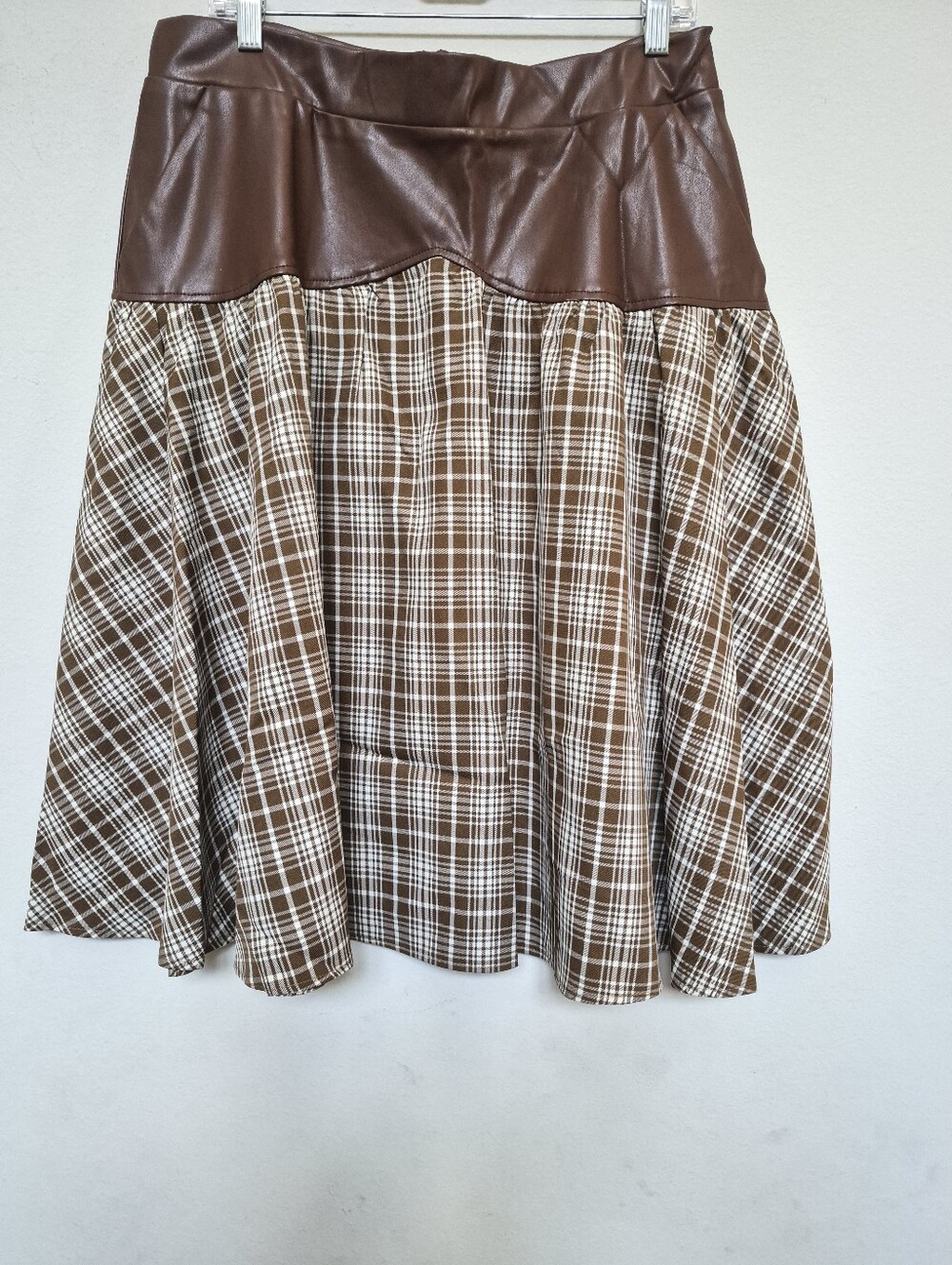 BELLE POQUE Women's Brown Plaid A-Line Skirt with Faux Leather Waistband Sz XXL